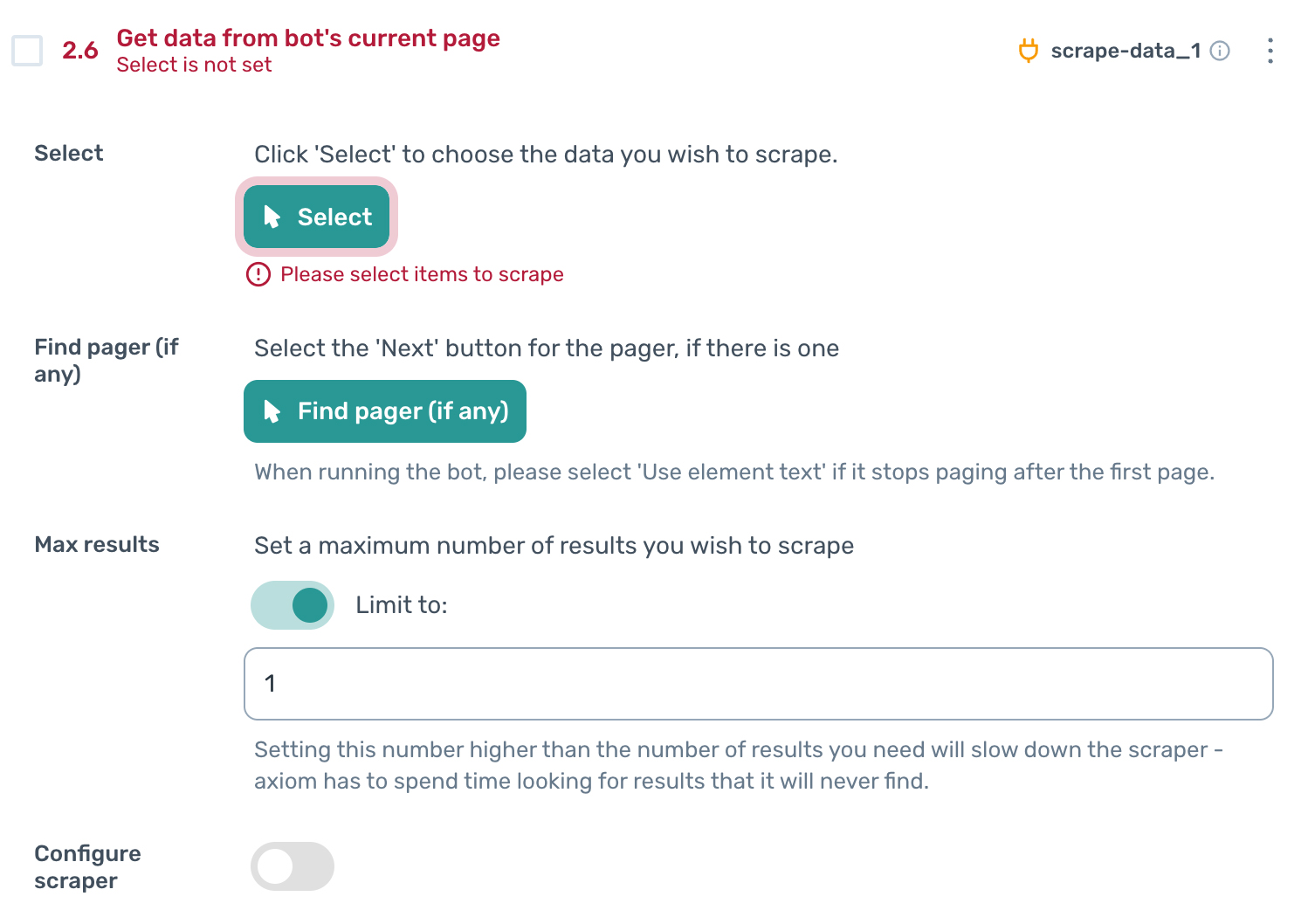 axiom.ai configure the scraper