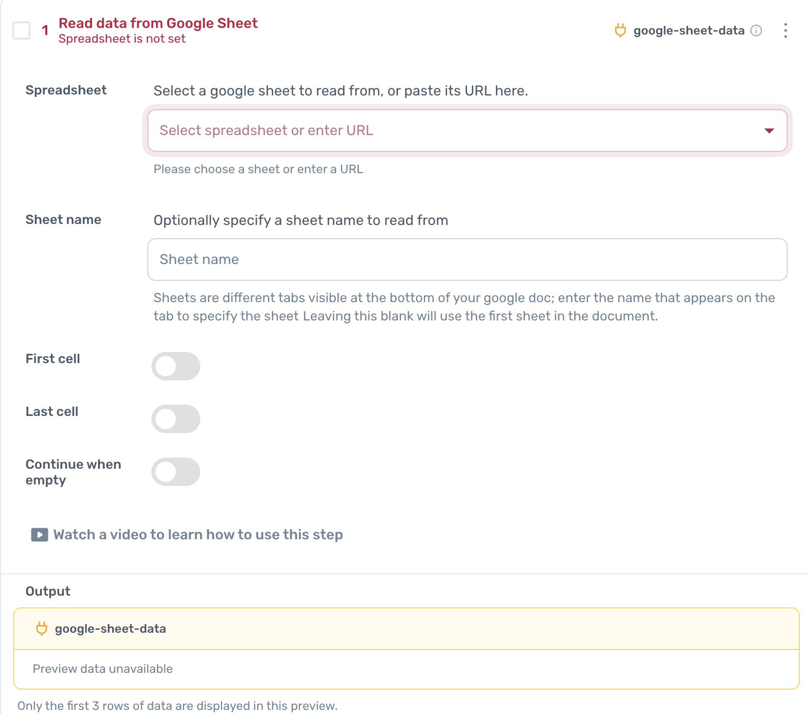 axiom.ai configuring read data from a Google Sheet step